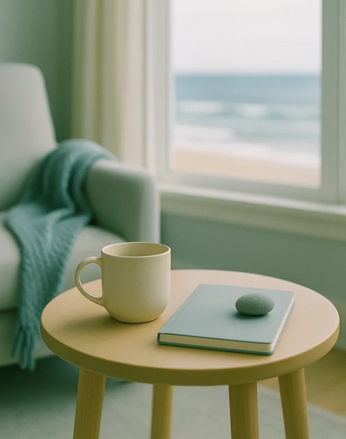 Couch by a window with a view of the seat and a coffee table with a mug, book and stone